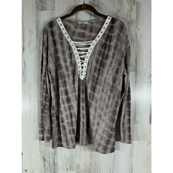 JODIFL Tops - JodiFL Womens Shirt Blouse Sz Small Semi Sheer Brown Cream Tie Dye Lace Up Neck